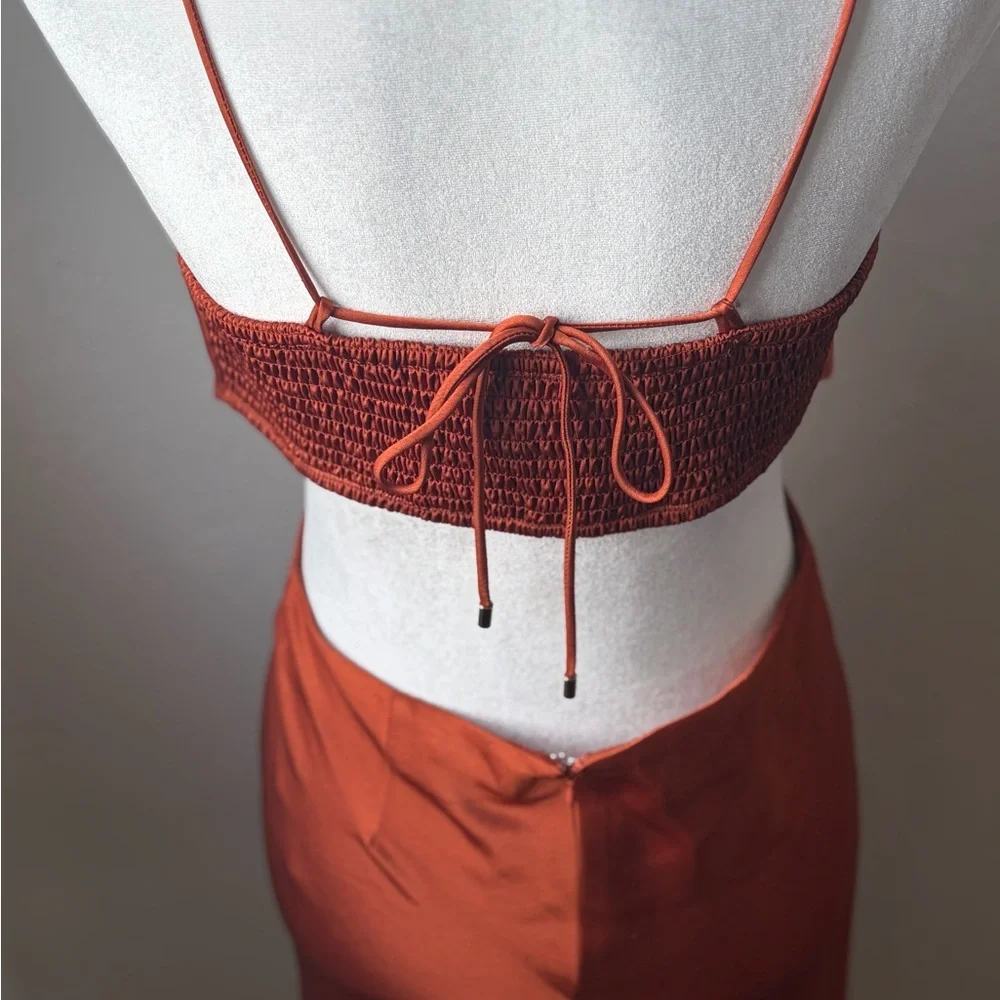 Satin Burnt Orange Cowl Neck Mini Dress Open Back Slip Date Night ACOA M - Picture 7 of 10